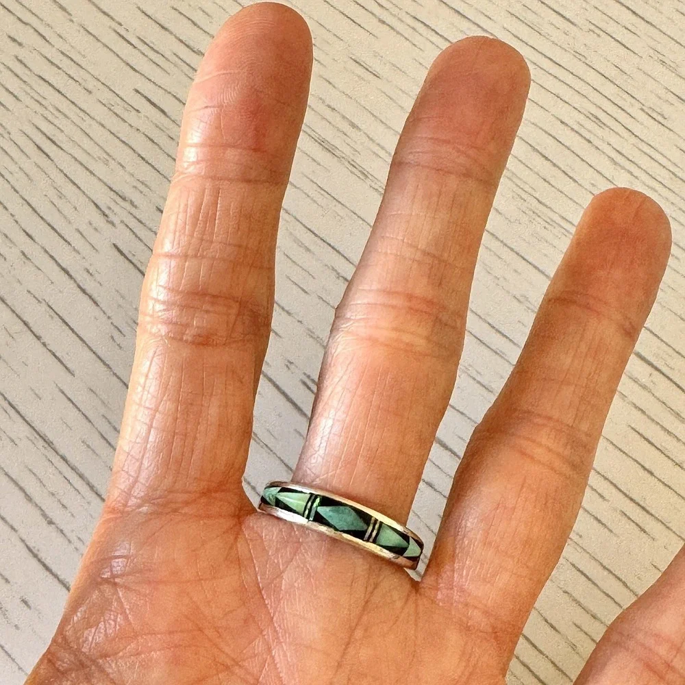 Navajo Turquoise Wedding Band Sz 8 Ring Inlay 6mm Opal‎ Multi Stone Mens Signed